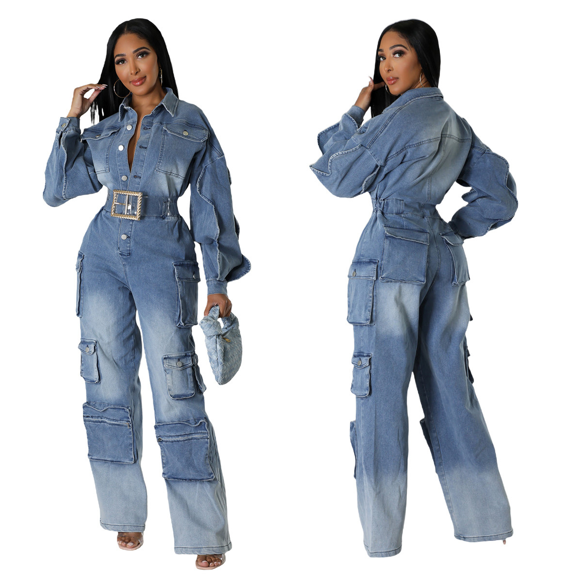 Wholesale Street Women Fashion Multi-Pocket Denim Jumpsuit