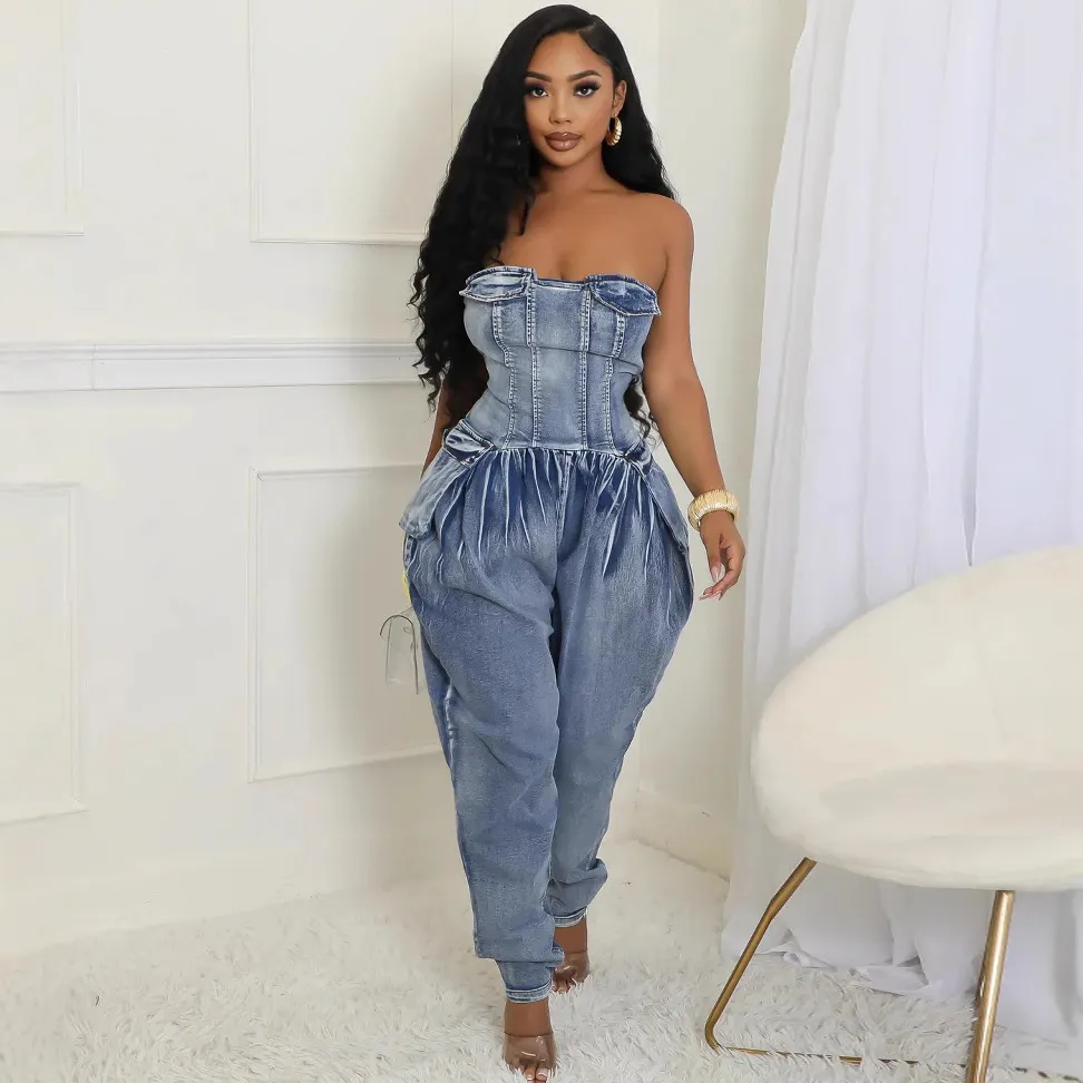 Street Women Fashion Strapless Stitching Denim Jumpsuit