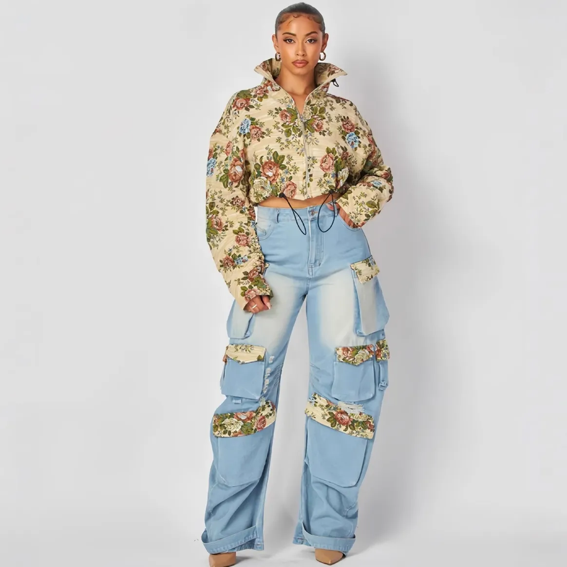 Women's Floral Print Denim Top and Jeans Two-Piece Set