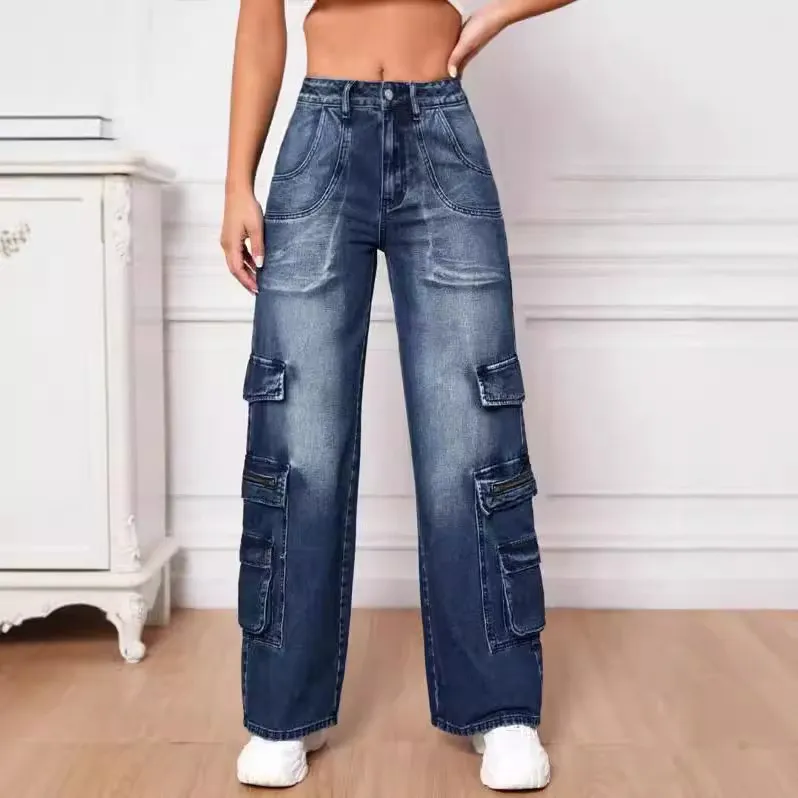 Women Fashion Multi-Pocket Wide Leg Cargo Jeans Overalls