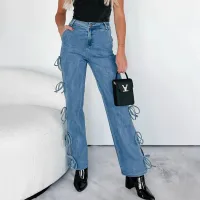 S-L Women Street Style High Waist Zipper Pocket Straight Jeans