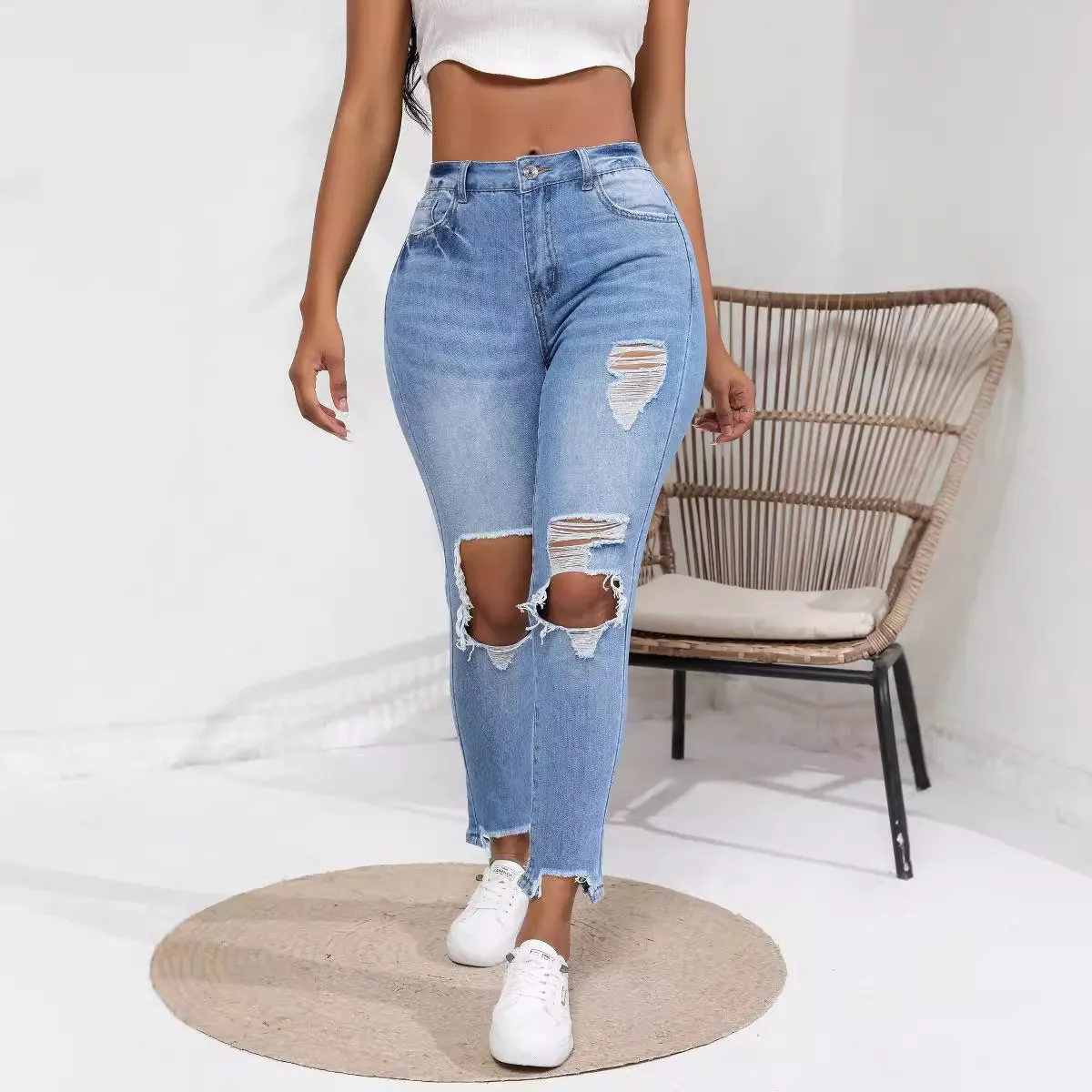 Women Fashion Ripped Stretch High Waist Jeans