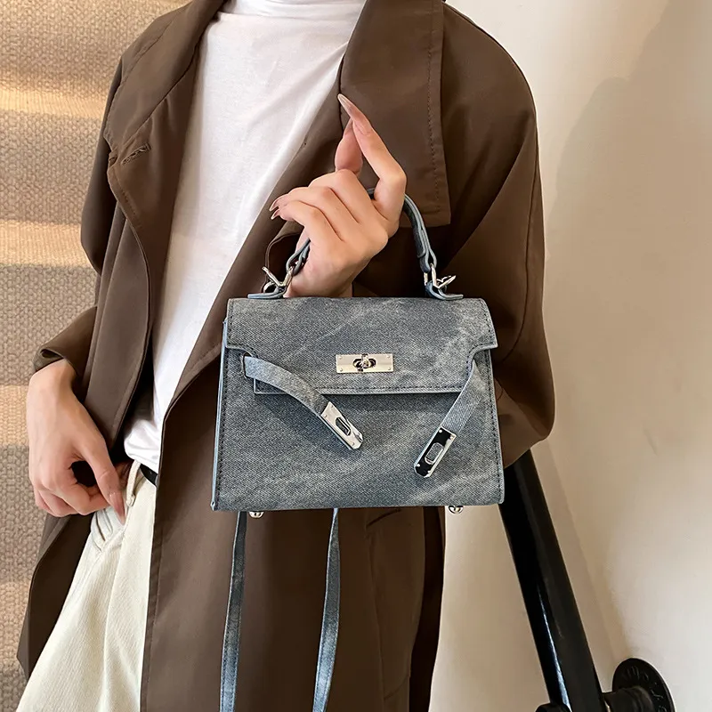 Fashion Flip Denim PU Handbags Small Square Bag Urban Simplicity Soft Zipper