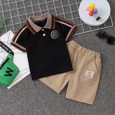 Boys Fashion Two Piece Polo Shirt Set Cotton Pullover Short Sleeve Solid Color Casual Pants Set