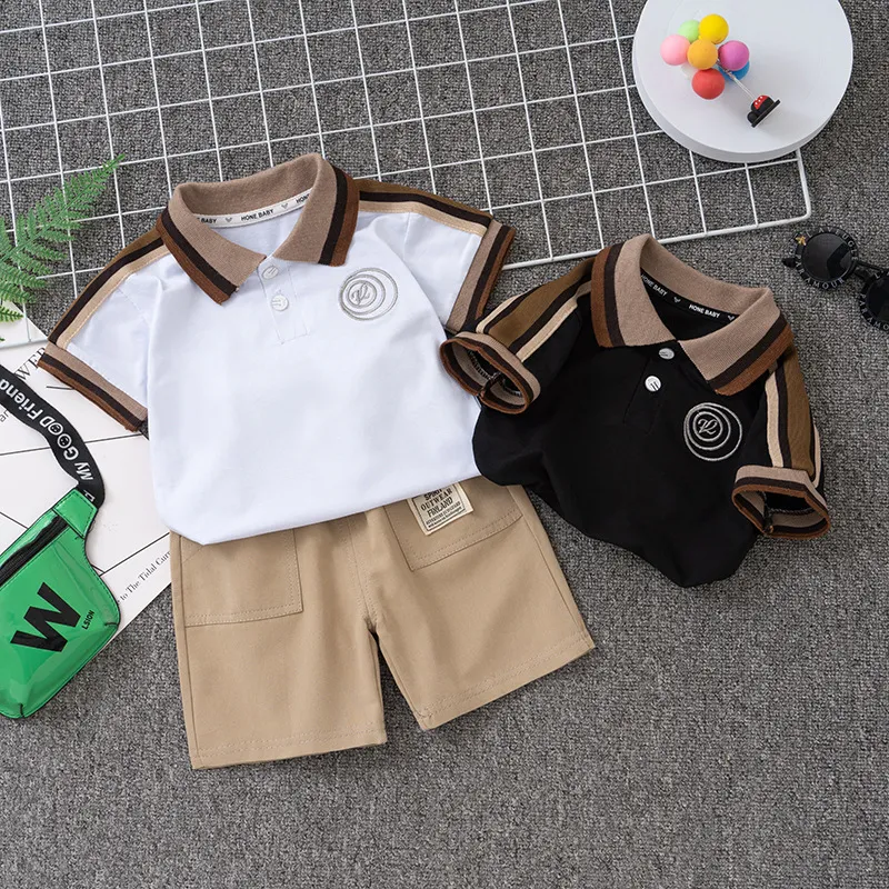 Boys Fashion Two Piece Polo Shirt Set Cotton Pullover Short Sleeve Solid Color Casual Pants Set