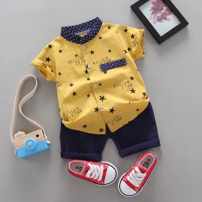 Boys Fashion Floral Print Cotton Short Sleeve Two-Piece Set Pants