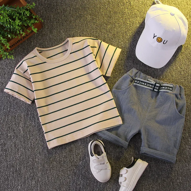 Boy's Fashion Stripe Two-Piece Set Cotton Short Sleeve Pullover Pants Set