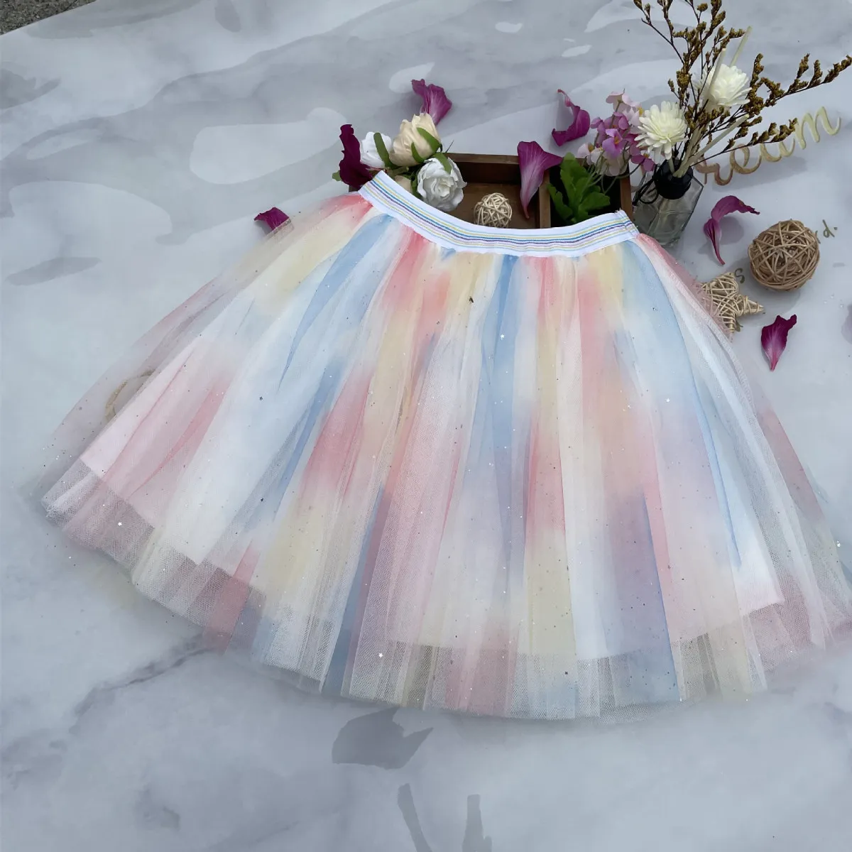 Girl's Tie-Dye Mesh Tutu Dress Pleated Skirt for Kids 3-14T