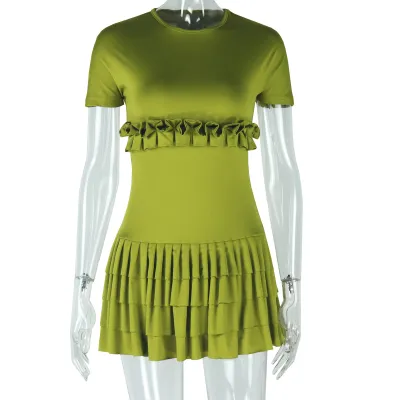 African Women Fashion Solid Color Sweet Fresh Ruffled Short Sleeve Round Neck Pleated Short Dress