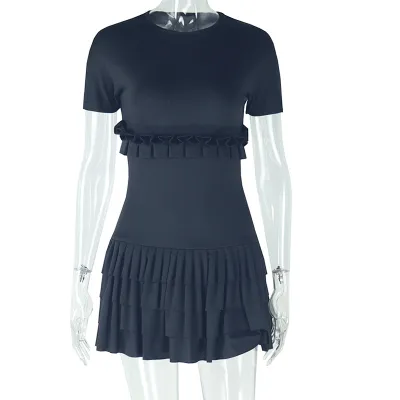 African Women Fashion Solid Color Sweet Fresh Ruffled Short Sleeve Round Neck Pleated Short Dress