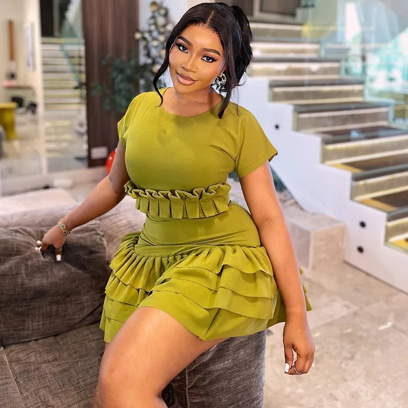 African Women Fashion Solid Color Sweet Fresh Ruffled Short Sleeve Round Neck Pleated Short Dress