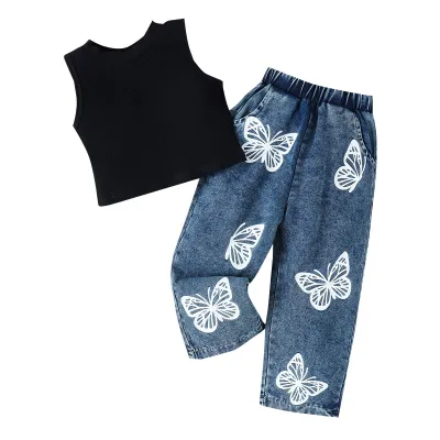 Girl'S Fashion Floral Printed Sleeveless Vest And Jeans Two-Piece Cotton Pullover Set