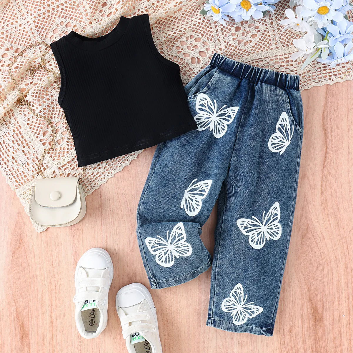Girl'S Fashion Floral Printed Sleeveless Vest And Jeans Two-Piece Cotton Pullover Set