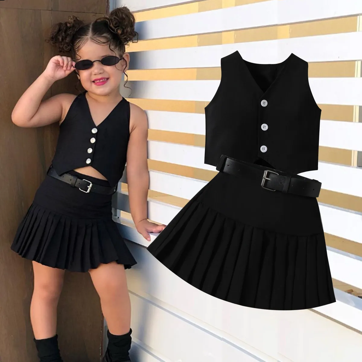 Girls Fashion Solid Color Sleeveless Vest Pleated Skirt Two-Piece Set for 3-14T