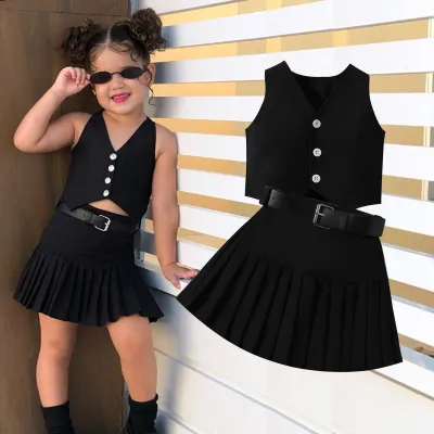 Girls Fashion Solid Color Sleeveless Vest Pleated Skirt Two-Piece Set for 3-14T