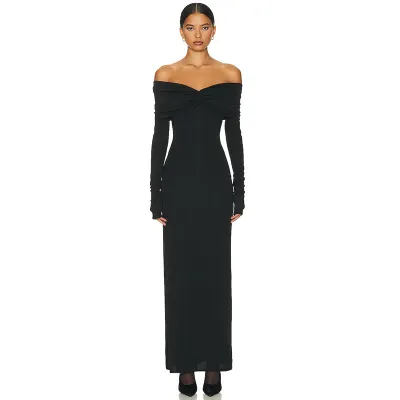 Women High Waist Long Sleeve Off Shoulder Elegant Dress