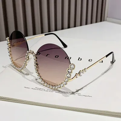 Women Fashion Diamond Round Half-Frame Metal Sunglasses