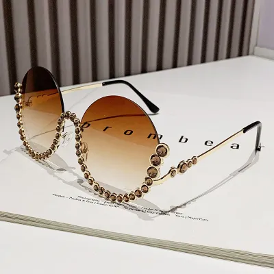 Women Fashion Diamond Round Half-Frame Metal Sunglasses