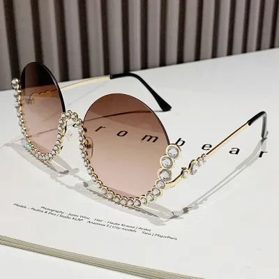 Women Fashion Diamond Round Half-Frame Metal Sunglasses