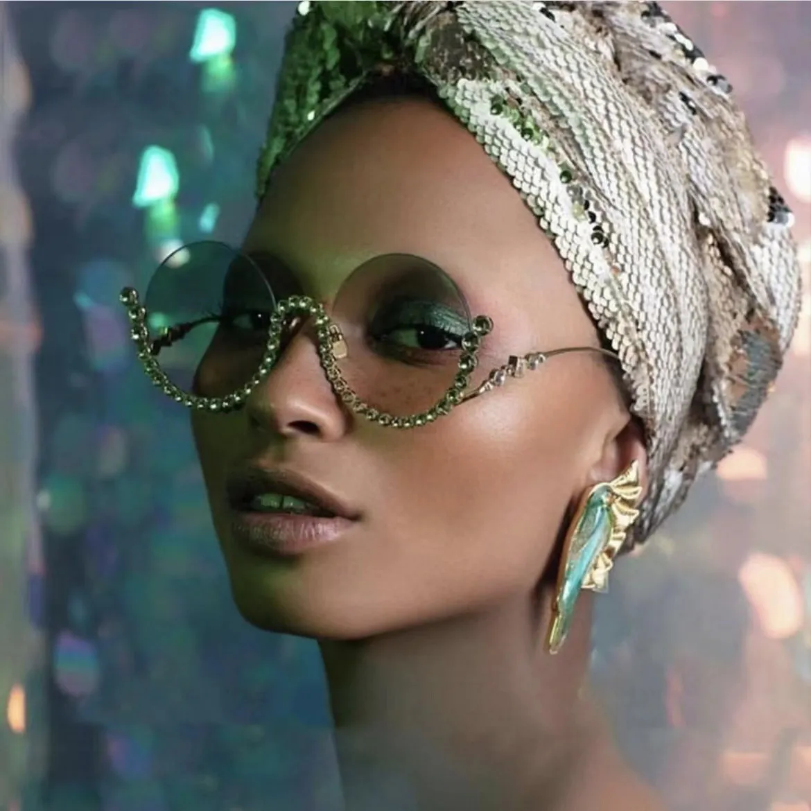 Women Fashion Diamond Round Half-Frame Metal Sunglasses