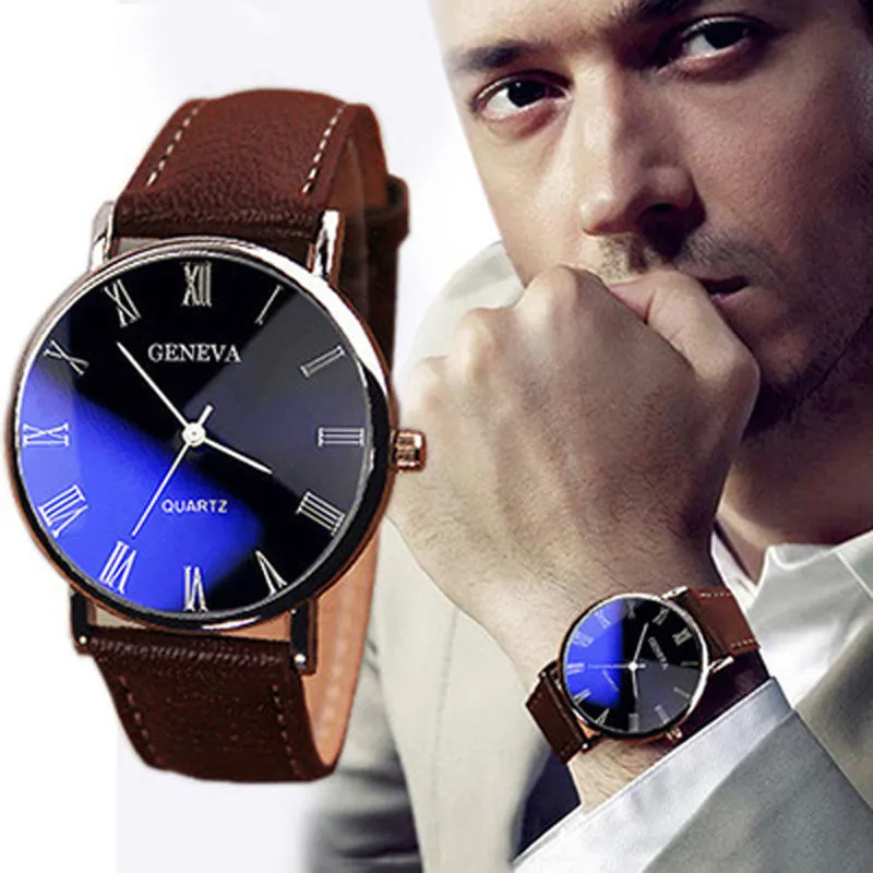 Men Roman Numerals Quartz Watch Leisure Imitation Leather Strap