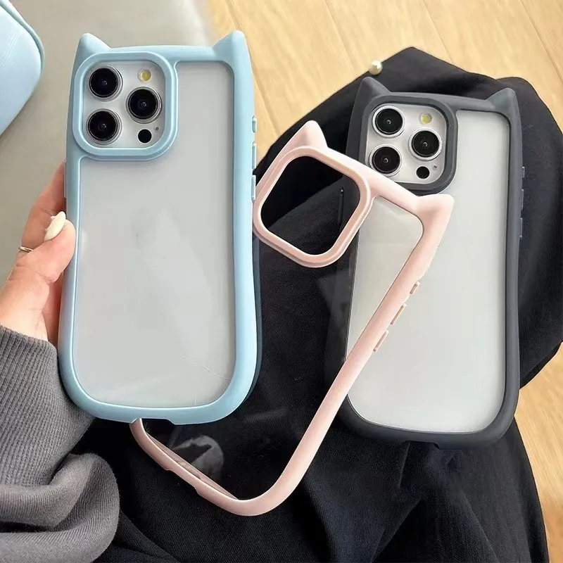 Women Fashion Cute Transparent Acrylic Cat Ear Apple Phone Protective Case