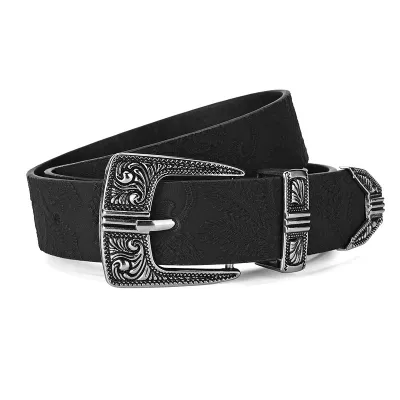 Women Retro Embroided PU Belt with Alloy Buckle