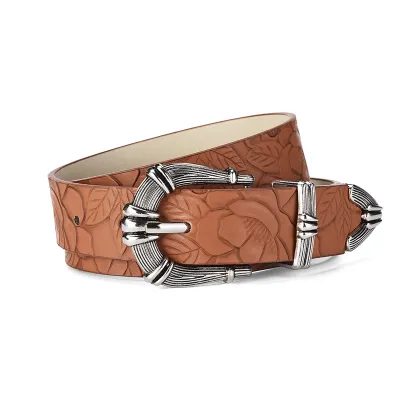 Women Retro Embroided PU Belt with Alloy Buckle