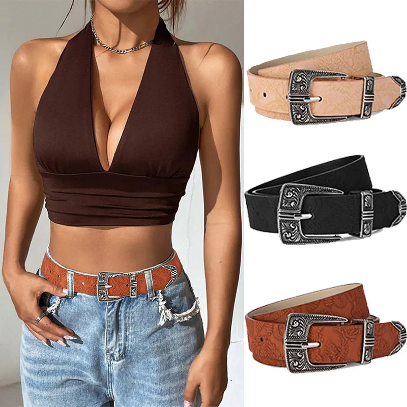 Women Retro Embroided PU Belt with Alloy Buckle