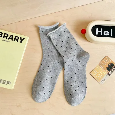 Women Fashion Simple Cotton Curled Polka Dot Mid-Socks