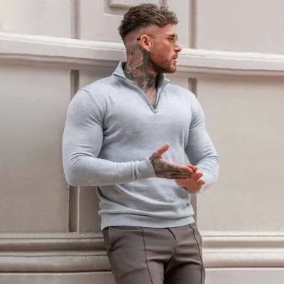 Men Casual Fashion Long-Sleeved Sweatshirt Slim-Fit Elastic Sports Fitness T-Shirt
