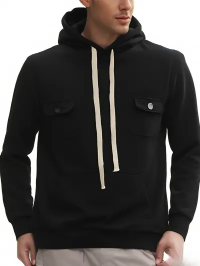 Men Autumn Winter Multi-Pocket Fleece-Lined Long Sleeve Hoodie Pullover Sports Leisure
