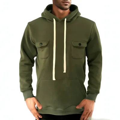 Men Autumn Winter Multi-Pocket Fleece-Lined Long Sleeve Hoodie Pullover Sports Leisure