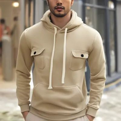 Men Autumn Winter Multi-Pocket Fleece-Lined Long Sleeve Hoodie Pullover Sports Leisure