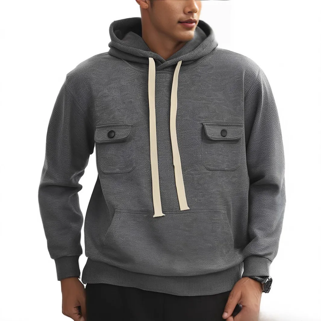 Men Autumn Winter Multi-Pocket Fleece-Lined Long Sleeve Hoodie Pullover Sports Leisure