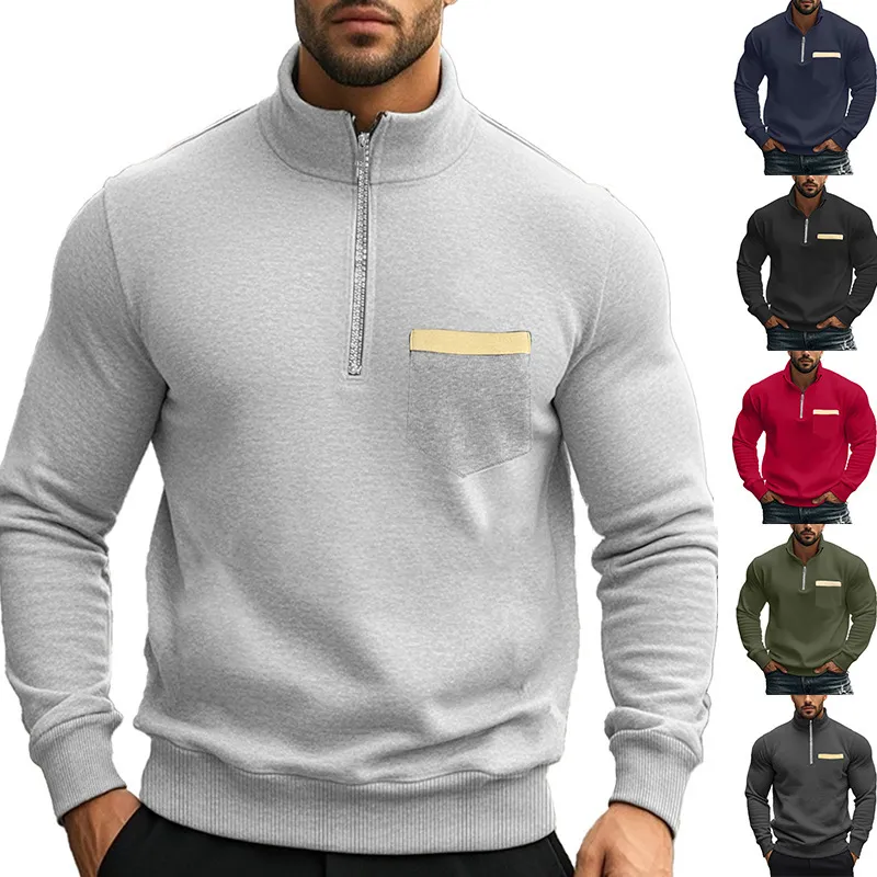 Men's Casual Half Zip Fleece-Lined Solid Color Sweatshirt