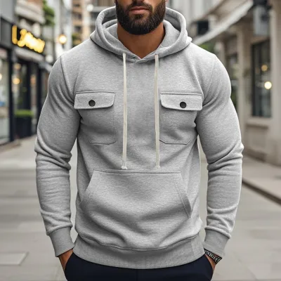 Men Autumn Winter Fleece-Lined Multi-Pocket Long Sleeve Solid Color Hoodie Pullover Sports Leisure