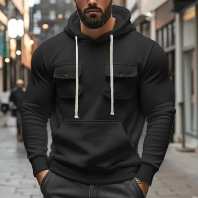 Men Autumn Winter Fleece-Lined Multi-Pocket Long Sleeve Solid Color Hoodie Pullover Sports Leisure