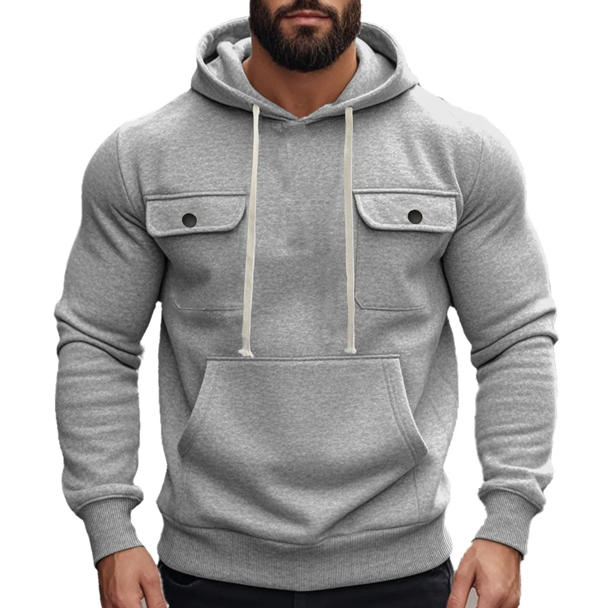 Men Autumn Winter Fleece-Lined Multi-Pocket Long Sleeve Solid Color Hoodie Pullover Sports Leisure