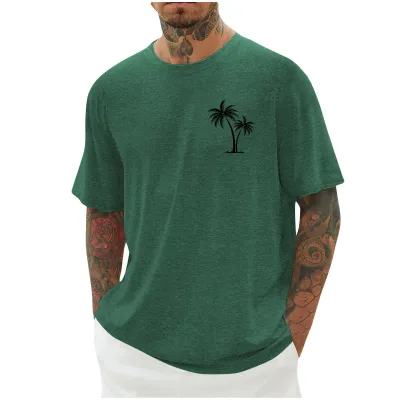 Men Casual Solid Color Coconut Tree Printed Short Sleeve T-Shirt