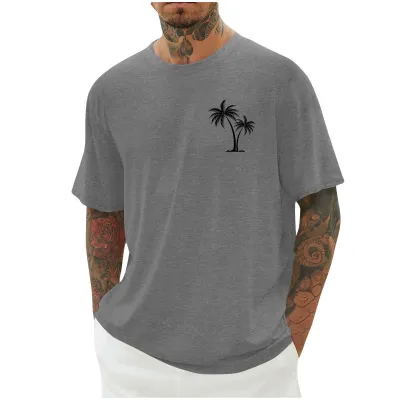 Men Casual Solid Color Coconut Tree Printed Short Sleeve T-Shirt