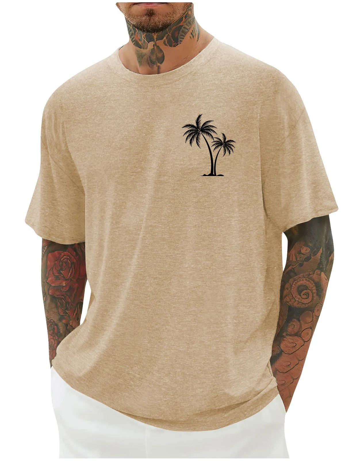 Men Casual Solid Color Coconut Tree Printed Short Sleeve T-Shirt