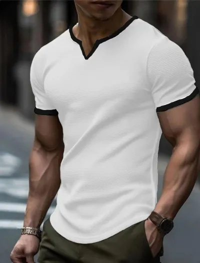 Men V-Neck Color Block Short Sleeve Loose T-Shirt