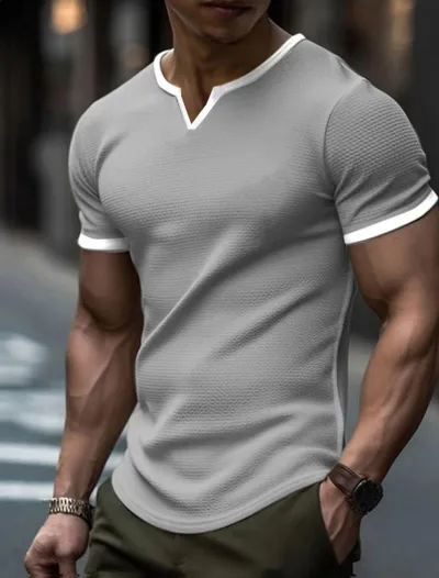 Men V-Neck Color Block Short Sleeve Loose T-Shirt