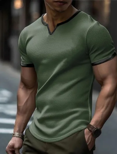 Men V-Neck Color Block Short Sleeve Loose T-Shirt