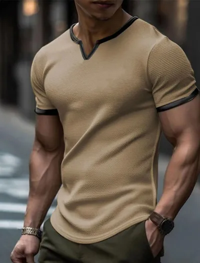 Men V-Neck Color Block Short Sleeve Loose T-Shirt