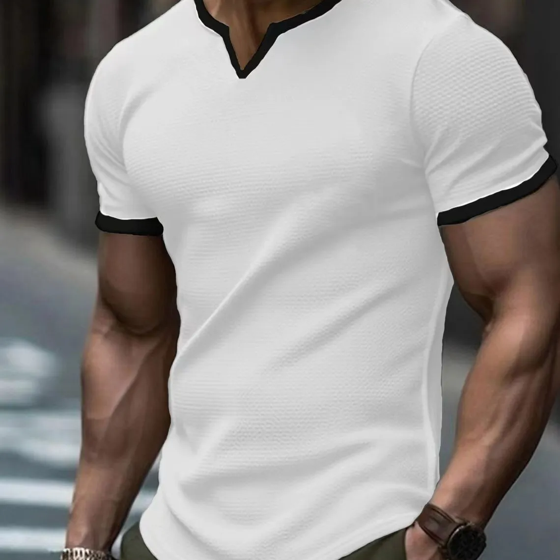 Men V-Neck Color Block Short Sleeve Loose T-Shirt