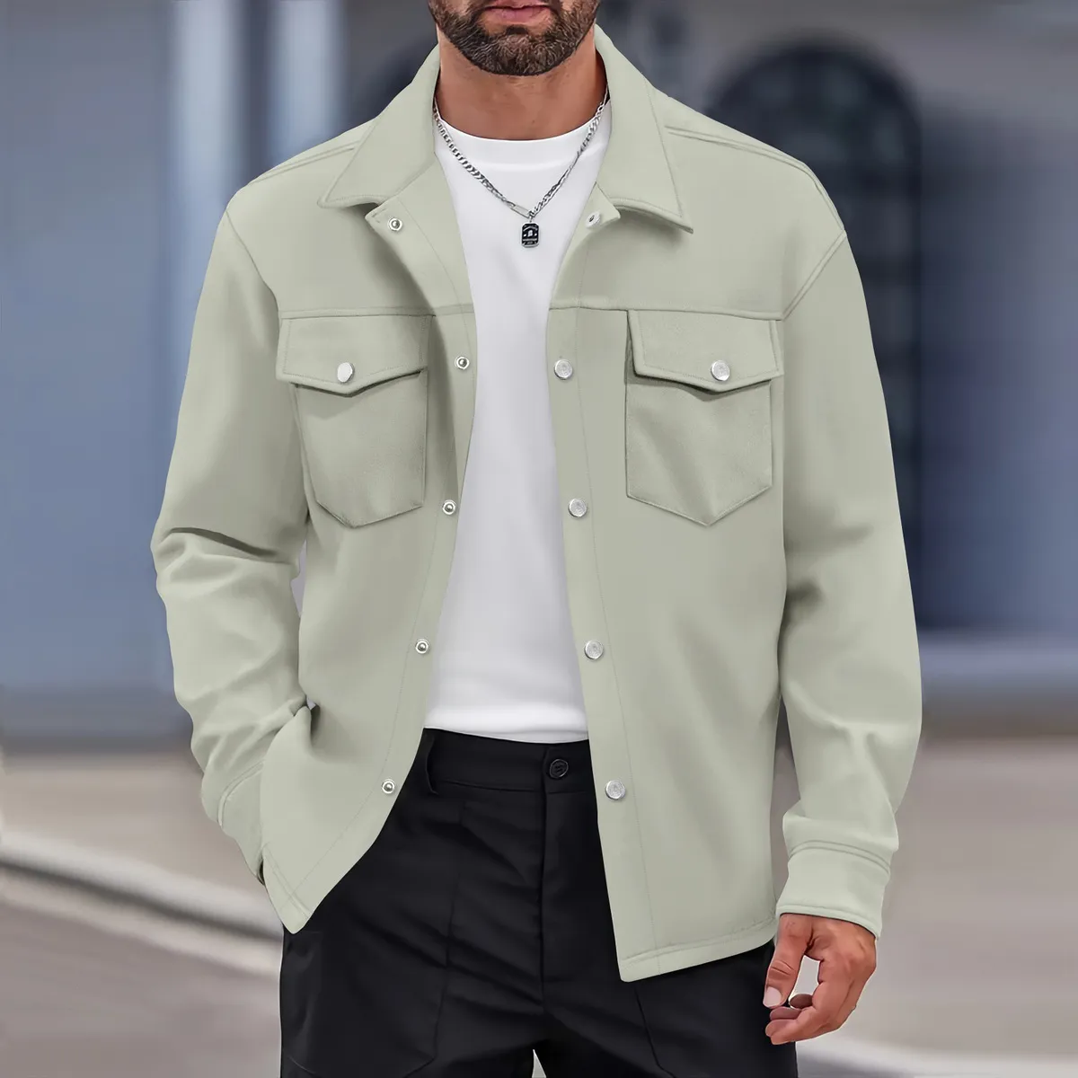Casual Men Lapel Single-Breasted Solid Color Double Pocket Slim-Fit Jacket Coat