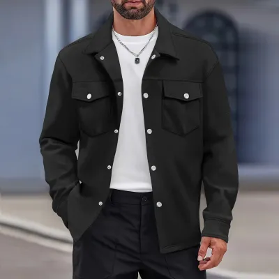 Casual Men Lapel Single-Breasted Solid Color Double Pocket Slim-Fit Jacket Coat