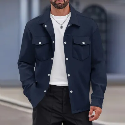 Casual Men Lapel Single-Breasted Solid Color Double Pocket Slim-Fit Jacket Coat
